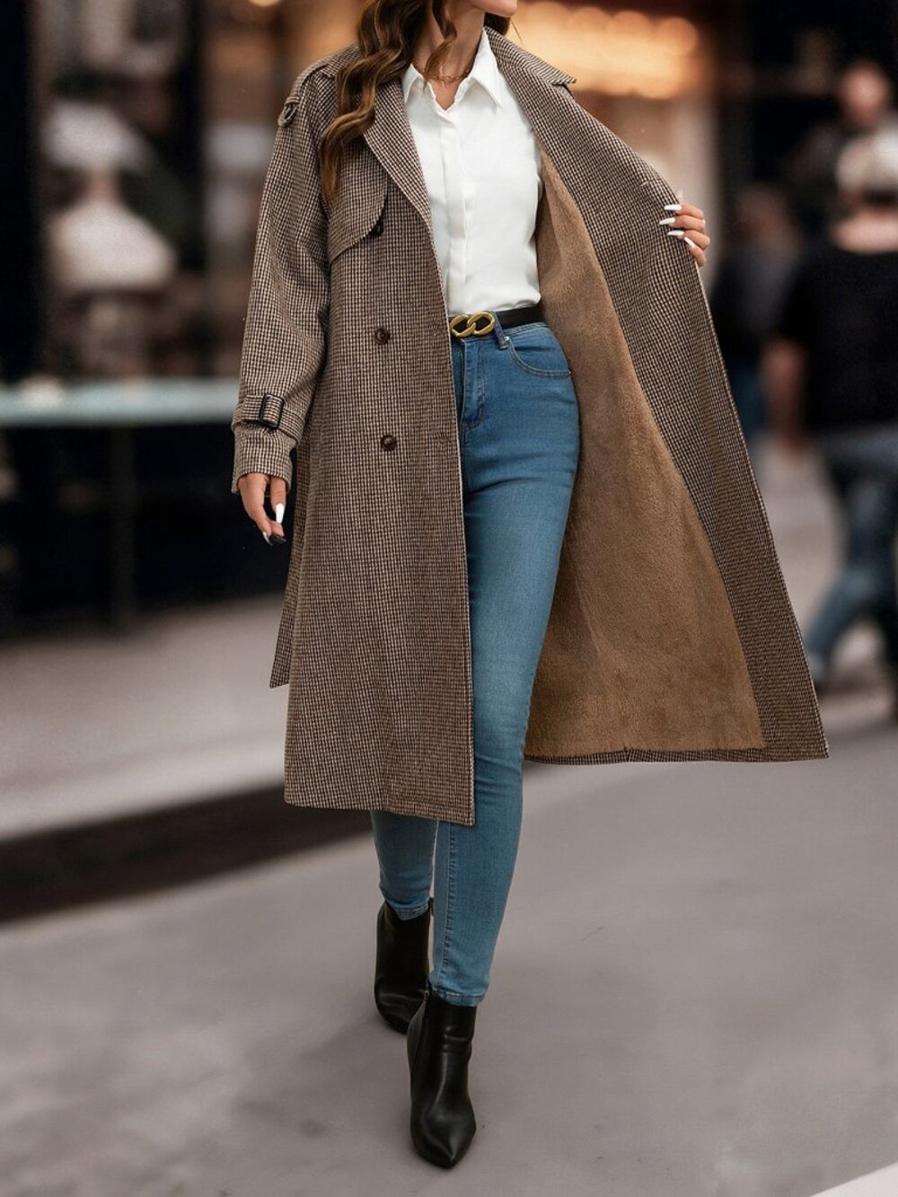 Mocha Brown Casual Women's Lined Lapel Midi Loose Fit Trench Coat